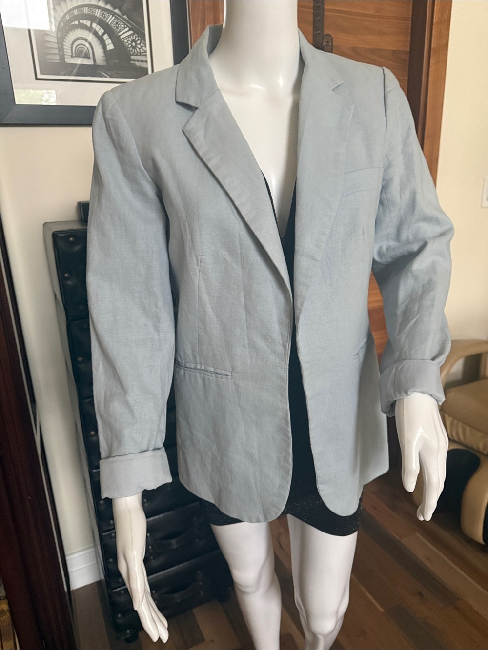 Dalia Pale Blue Single-Breasted Linen-Blend Blazer